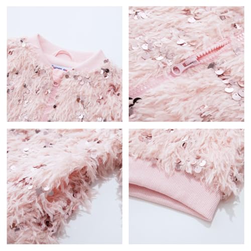 WELAKEN Girls Faux Feather Sequin Jacket Shiny Long Sleeve Zip Up Coat with Pockets 5-12Y2