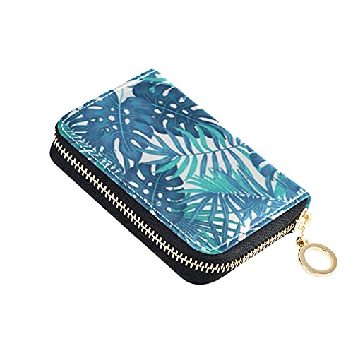 OTVEE Summer Hawaiian Blue Tropical Leaves Small RIFD Blocking Wallet Women PU Leather Credit Card Holder Case