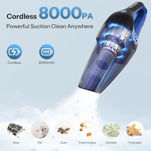 Image of UN1QUE Cordless Vacuum Cleaner for Car Use | Home Use, 8000Pa Suction Portable Rechargeable Car Vacuum Cleaner 2 in 1 with Steel Mesh Filter, 650ML Dustbin, 4 Nozzles, USB Rechargeable (Blue)