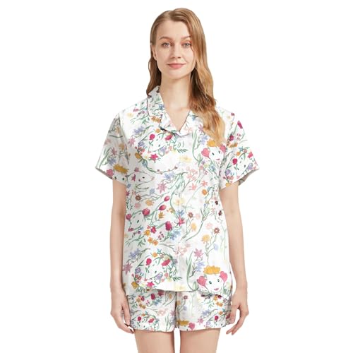 Image of Silk Satin Pajama Set for Women Summer Lounge Pjs Sets 2 Piece Suit Ladies Button Down Tops And Shorts Sleepwear