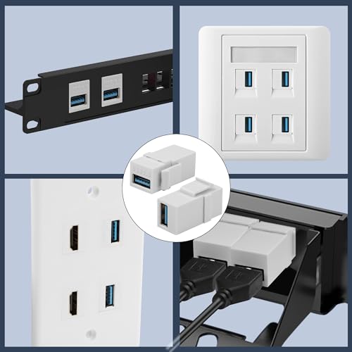 QIANRENON USB3.0 Keystone Buchsen Adapter Koppler 5Gbps USB3.0 Buchse auf Buchse Keystone Wall Plate Modularer Anschluss 180° Winkel 5V/2A Aufladung, für Standard Wandplatte Patch Panel, Weiß, 2Pcs
