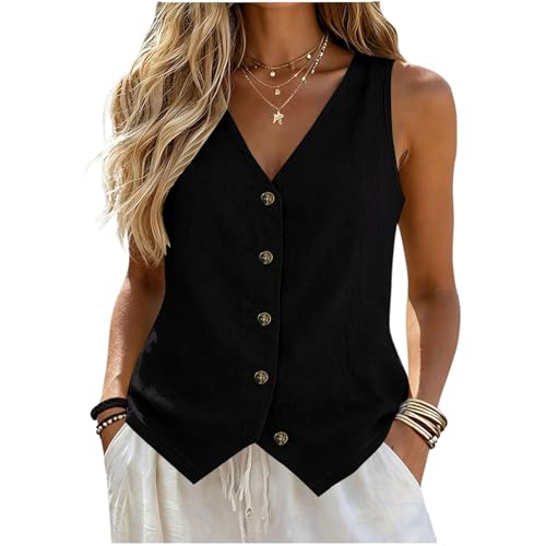 Rjognt Linen Vest Women Womens Vest Top Cotton Linen Button Down Sleeveless Shirts Business Casual Tank Vest Tops Summer Fashion 2026 Linen Blouses Gauze Shirts Teacher Clothes Black