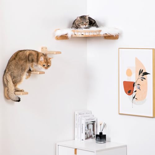 Estante para gatos de madera con 3 niveles y cama plush miniatura 5