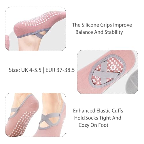 DDUP 3 Pairs Non-Slip Yoga Socks, Yoga Socks for Women Non-Slip Grips & Straps, Ideal for Pilates, Fitness, Ideal for Pilates, Fitness, Ballet, Home Workout