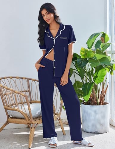 Image of Ekouaer Pajamas for Women Set Button Up Soft Pjs Short Sleeve 2 Piece Lounge Sets Comfy Sleepwear