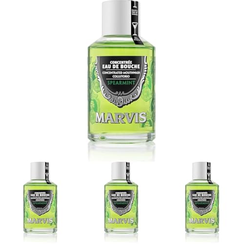 Marvis Enjuague bucal concentrado menta verde, 120 ml, colutorio sin alcohol para un aliento fresco, reduce la acumulación de placa y cuida las encías (Paquete de 4)