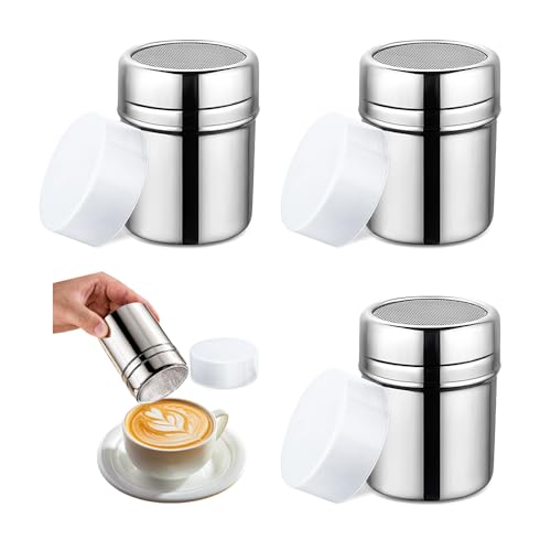 HMCEY 4 Piezas Espolvoreador de Cacao en Polvo,Espolvoreador Azucar Glass,Dispensador de Canela en Polvo,Sugar Shaker,Tamizador Cacao con Tapa,Tamizador de Harina Acero Inoxidable para Restaurante