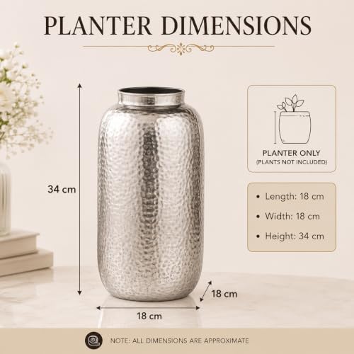 Image of INDIAN DECORMART Flower Vase | Flower Pots for Home Decor, Living Room, Bedroom, Office, Gifting, Colour Silver (IDM22241 | 18x18x34 CM)