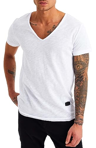 Leif Nelson Sommer T-Shirt Herren V-Ausschnitt (weiß, Größe XL) - Coole Tshirts V-Neck Baumwolle - Basic Shirts Männer Kurzarm tiefem Ausschnitt