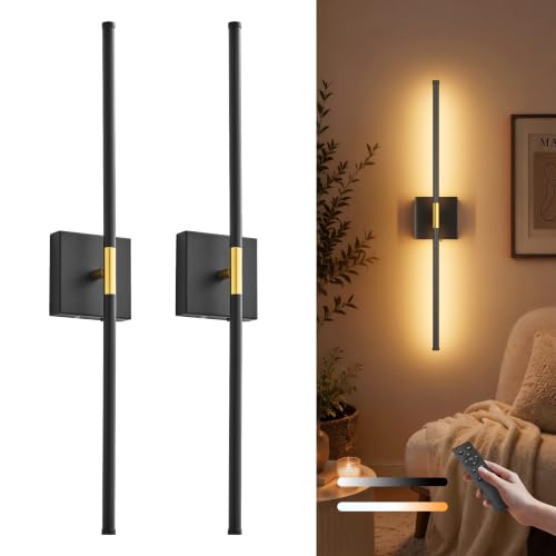 Image of KARTOOSH Peel and Stick Wall Sconces Battery Operated Set of 2, Black&Gold | 28.7in, 25-120h Run Time, Wireless, 3CCT, Dimmable Rechargeable Wall Lights with Remote for Bedroom Living Room Hallway