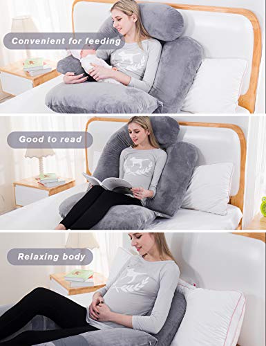 Awesling 60in Full Body Pillow | Nursing, Maternity and Pregnancy Body Pillow | Extra Large U Shape Pillow and Lounger with Detachable Side, Separate Support Pillow and Removable Cover (Grey)