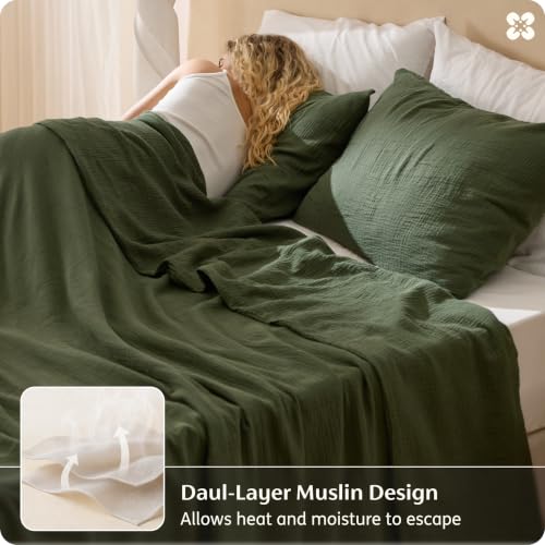 Image of Bedsure 100% Muslin Cotton Duvet Cover Queen Size - Ultra-Soft Gauze Duvet Cover, PureWoven Breathable & Lightweight Bedding Set with Zipper Closure and Corner Ties (Olive Green, Queen, 90 inchx90 inch)