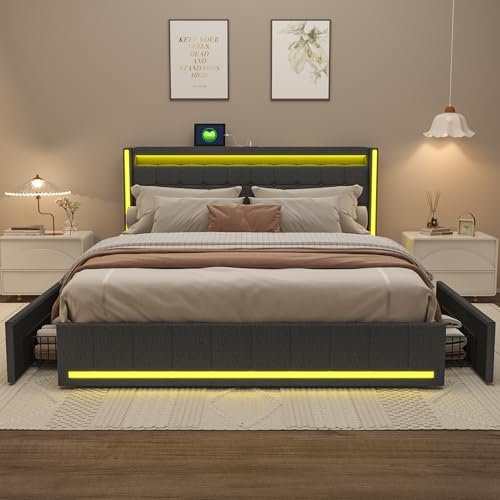 FOERPL - Cama doble de 160 x 200 cm con almacenamiento, cajón con LED, 4 cajones de hierro, mesita de noche con puerto de carga USB (gris oscuro, 160 x 200 cm)
