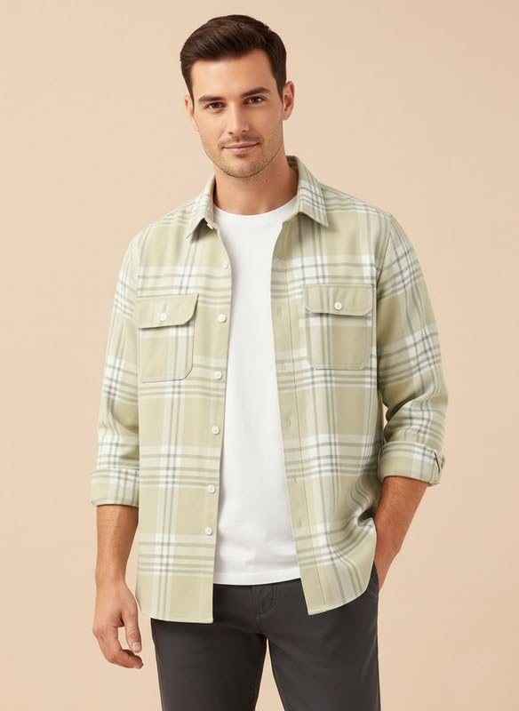 Image of DEELMO Men's Stylish Cotton Blend Casual Chakes Shirt || Full Sleeve Shirt with Dual Flap Pockets Fabric || Perfect for Casual and Classic Fit & Style || Stylish Everyday Wear