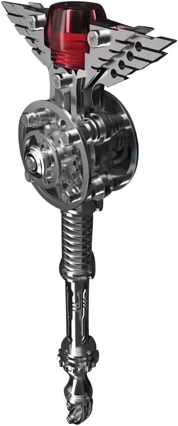 Detailed view of the assembled Magnet Cane Switch, showing its intricate mechanical design with a red translucent top and metallic body.