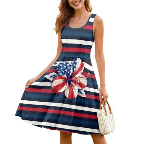 Image of Women Stylish Tank Dresses Sleeveless Round Neck Midi Casual Dress with Pocket for Summer