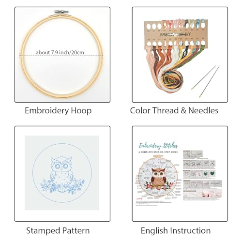 Image of Louise Maelys Owl Embroidery Kits for Beginners with Floral Pattern,Adults Starter Cross Stitch Kit DIY Needlepoint