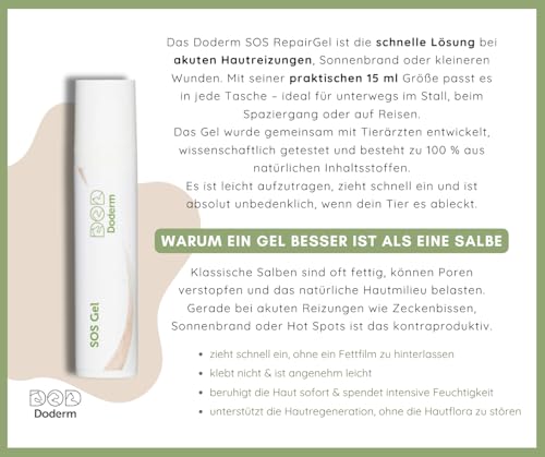 Doderm - SOS Hydro Repair Gel 15 ml - Gel für Hund, Katze und Pferd - für akute Hautprobleme, Juckreiz, Hot Spots, Sonnenbrand, Hautirrationen, Wunden, Kratzer, Allergie, Pflege