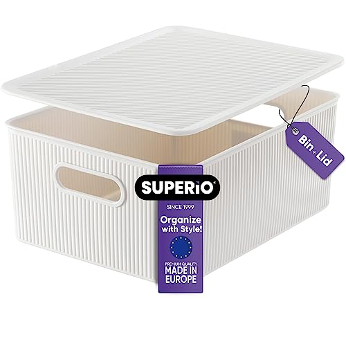 Superio Ribbed Collection - Decorative Plastic Lidded Home Storage Bins Organizer Baskets, Large White Smoke (1 Pack - 15 Liter) Stackable Container Box, For Organizing Closet Shelves Drawer Shelf #TOP21