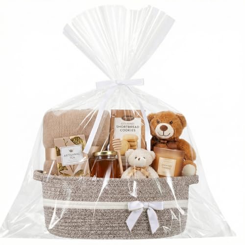 Image of Colingmill 1 Set Woven Basket for Gift Empty with Cellophane Wrap Set 14 x 10 x 5.5 Inch, Medium Decorative Gift Basket Empty to Fill, Cotton Rope Storage Box Decor (Khaki)