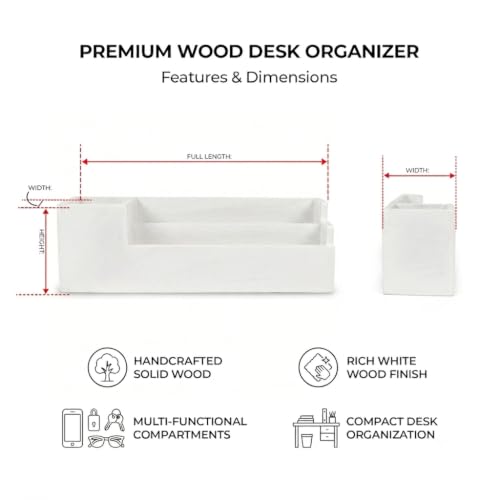 Image of Wooden Desk Organiser with Pen Holder, Mobile & Tablet Stand, Card Holder - Multi-Compartment Office Desk Organizer for Study Table, Bedside Table & Living Room | White Finish