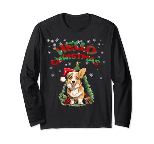 Hello Christmas Welsh Corgi Happy, Funny Tee Maglia a Manica