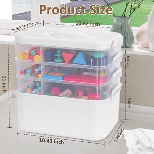 4-Layer Craft Organizers and Storage with Removable Trays, Craft Organizer with lids and Handle, Arts and Crafts Storage, Art Organizer, Crafts Organization, for crayons, Sewing, Tool, Playdoh，White