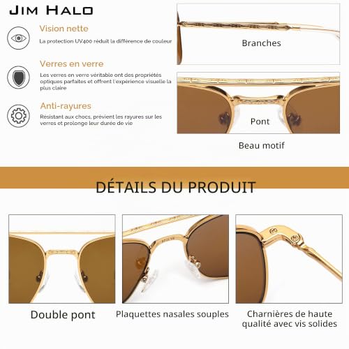JIM HALO Lunettes de Soleil de Pilote Carrées Vintage Lunettes de Soleil de Verre de Qualité Supérieure Lunettes de Métal Planes Hommes Femmes Or/Brun – vue 3