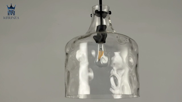 Image of 12 inch Black Farmhouse Pendant Light, Clear Hammered Glass, E26 Hanging Light | Hand-blown hammered glass pendant light with adjustable chain, E26 socket, ideal for kitchen islands and dining rooms