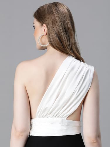 Image of oxolloxo Women Solid Elasticated One-Off Shoulder Satin Crop Top