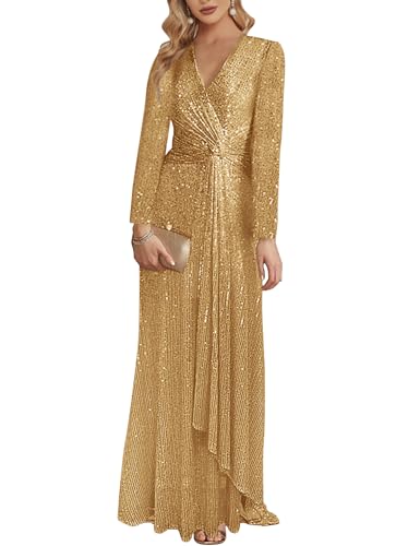 chinese dress ladies Elegant V-Neck Long Sleeve Prom Dress with High Split, Sparkle Gold Sequin  Gown main image 0