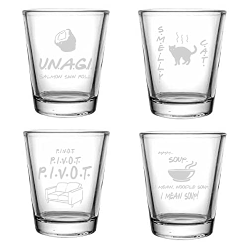 Brindle Southern Farms Friends Shot Glass Set of 4 Engraved 1.5 Ounce: Smelly Cat, Unagi, Pivot, Mmm Soup, Friends Fan Gift I'll Be There For You, Clear