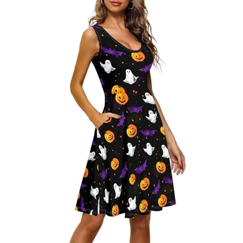 Image of Women Stylish Tank Dresses Sleeveless Round Neck Midi Casual Dress with Pocket for Summer