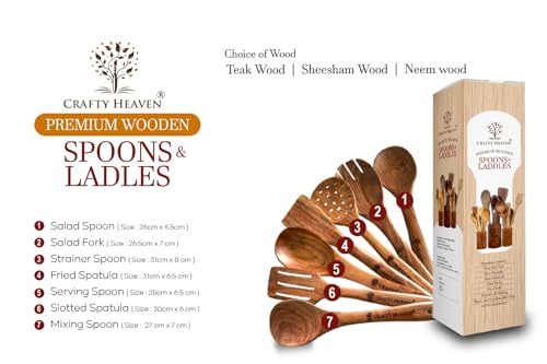 Image of Sheesham Wooden Utensil Set, Turner, Ladle and Spatuala | Wooden Spoon Set | Kitchen Utensils Frying, Serving, Ladles, Dosa, Chapati and Rice Cooking Set of 7