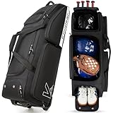 Kioqiear Catchers Gear Bag with Wheels for 4 Bats, Rolling Baseball Softball Bag With Multi-Pockets, Fence Hook, Holds All Baseball Equipment. (Black)