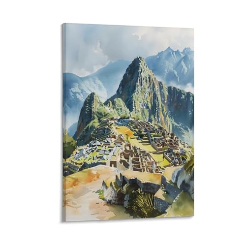 Machu Picchu - Cuadro de acuarela para pared, póster de viaje con impresión de Perú, regalo de inauguración de la casa, marco para decoración de pared, 40 x 60 cm