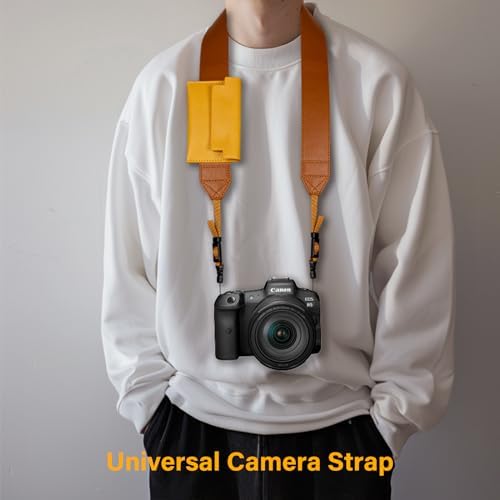 VOVMOEYA PU Leather Camera Strap,Camera Neck Strap Shoulder Strap Compatible with Mirrorless Cameras with Pocket