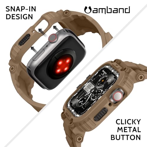 Image of amBand Bands Compatible with Apple Watch 9 /8 /7 45mm, M1 Sport Series Rugged Case with TPU Strap Military Protective Tough Cover Bumper for iWatch SE3 /SE2 /SE /6 /5 /4 /3 44mm 42mm Men Desert Tan
