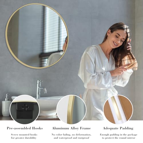Image of Sweetcrispy 28 Inch Round Wall Mirror with Tempered Glass, Bathroom Mirror Over Sink, Anti-Fog & Waterproof Round Mirrors for Bathroom, Entryway, Bedroom, Shatterproof Design, Gold