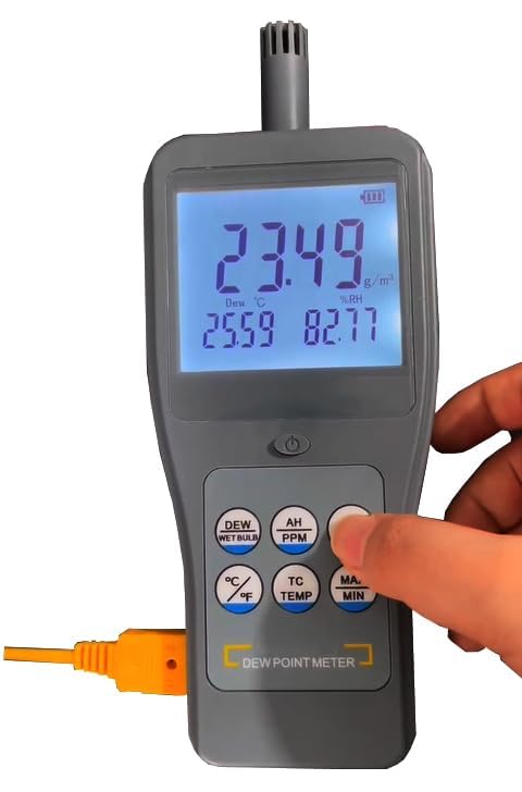 Dew Point Meter K-Type Thermocouple Surface Temperature Measurement Ambient Wet Bulb Temperature Meter Relative Absolute Humidity Meter PPM Measurement Temperature Unit °C/°F