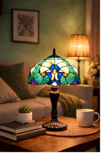 Image of Stained Glass Table Lamp, Multicolor Glass Shade, Bronze Base (Design - 15) Free Bulb- 3 Color Options- Warm White, Cool White and Natural