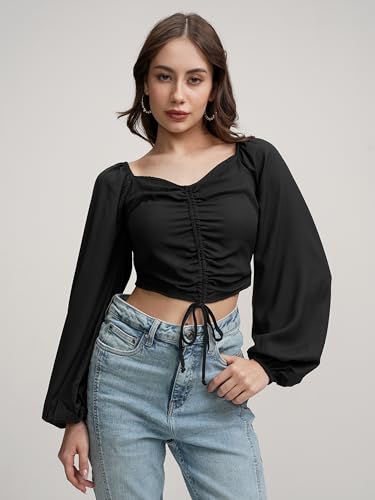 Image of Tokyo Talkies Women's Puff Long Sleeves Front Pull-Up Tie-Up Crop Top | Trendy & Flattering | Perfect for Casual & Party Looks | Tops for Woman | Women Tops | Stylish Top