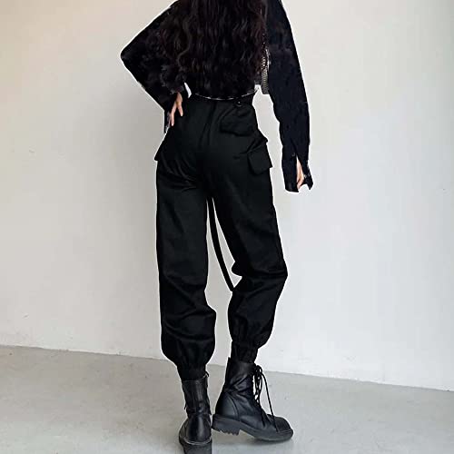 MEINVQIAOTI High Waist Solid Color Large Pocket Cargo Pants Women Loose Bundle Foot in Ribbon Black Tripp Pants3