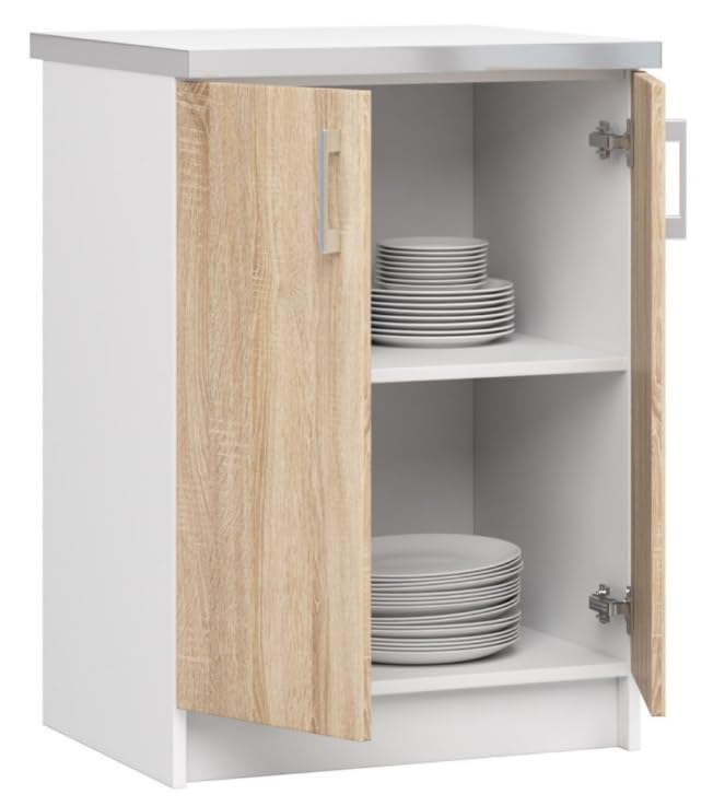 BDW - Küchenschrank Weiß/Sonoma - Schrank Küche mit Türen und Arbeitsplatte - Schrank 60 cm breit, 85 cm hoch - Küchenschränke Einzeln, Küchenmöbel Einzelteile