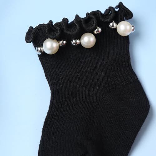Baby Toddler Girls Cotton Knitted Ankle Socks Princess Pearls Frilly Ruffed Dress Socks3