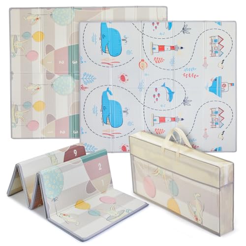 Baby Play Mat, 180×150 cm, Foldable Kids Playmat, Baby Crawling Mat for Toddlers & Infants, Waterproof Reversible Foam Mat, Large Anti- Slip Playpenmat (180 * 150 cm, Airplane & Whale)