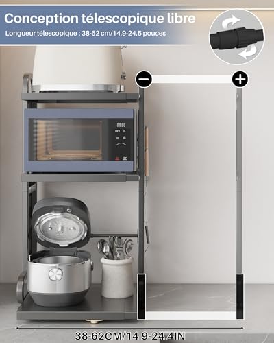 Support pour four micro-ondes extensible en métal noir pour libérer le plan de travail - 4