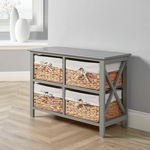 Home Source Wooden Storage Cabinet Chest Water Hyacinth Basket Hallway Organiser Unit, Grey, 4 Drawer