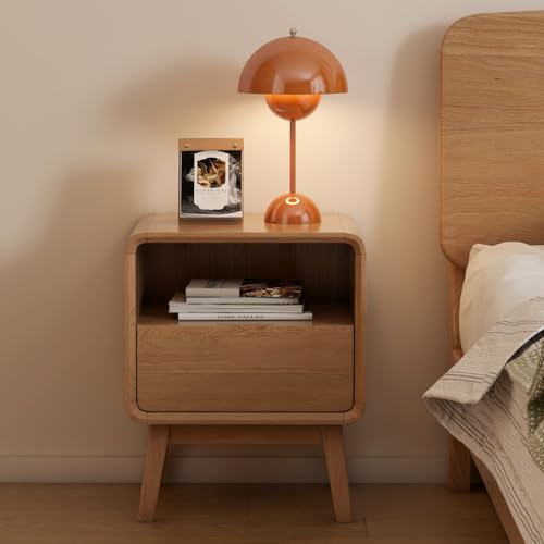 Vadisun 100% Solid Oak Wood Nightstand, Natural Wood Nightstand with Drawer Open Shelf, Mid Century Modern Night Stand, Small Side End Tables, Oak Bedside Table for Bedroom(16.54