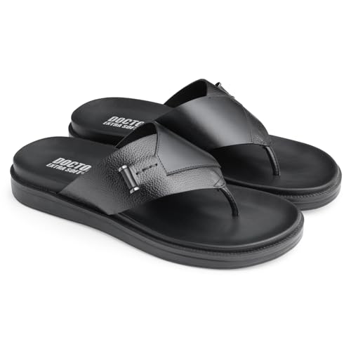 Image of DOCTOR EXTRA SOFT Men's Classic Casual Original Leather Thong Black /Brown Sandals /Chappals with Memory Foam Cushion| Stylish & Non-Slip|Comfortable & Lightweight |Flip flops Slippers Gents & Boys F-2